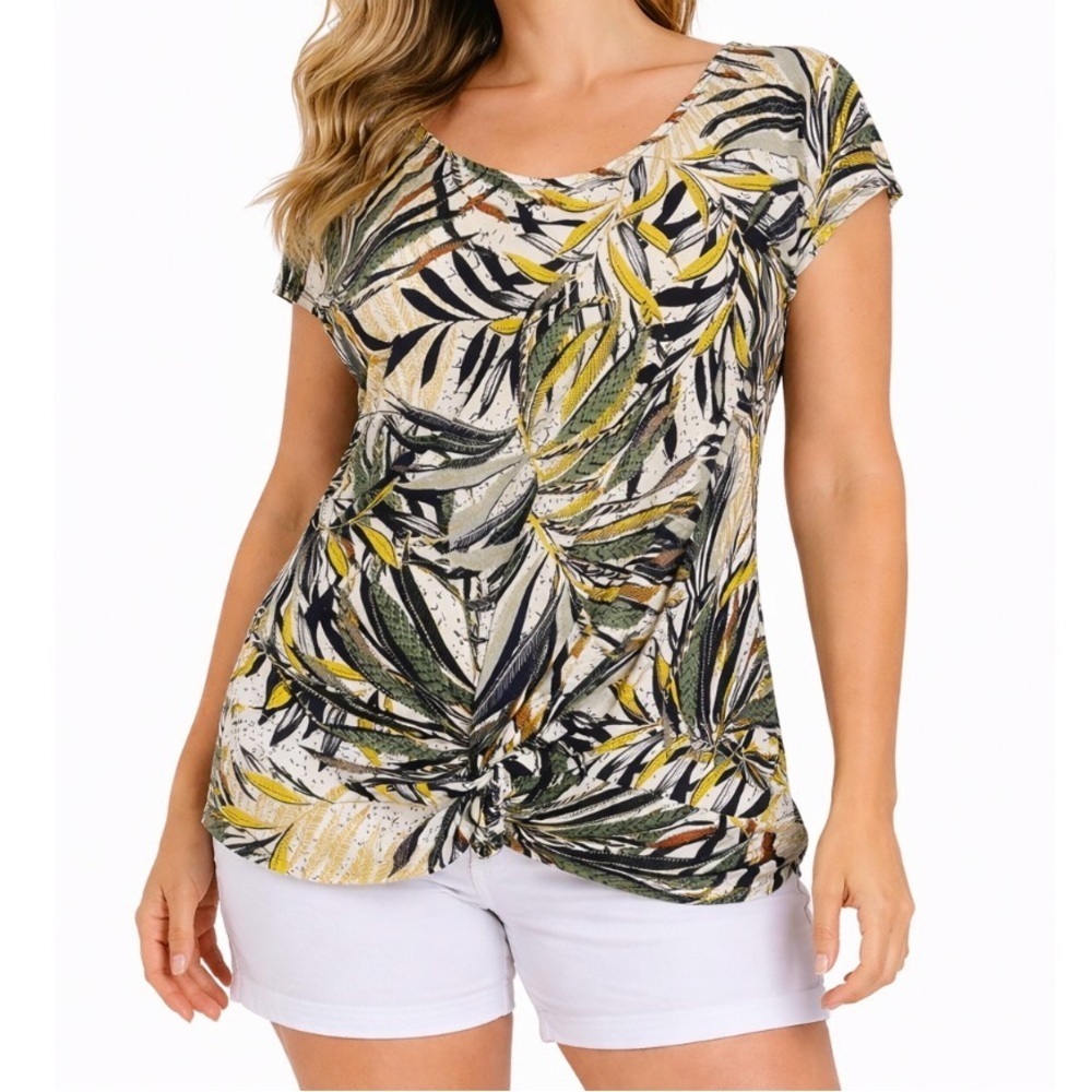 Jules & Leopold front tie leaf blouse SZ SM  Front knot, cap sleeve, leaf patter